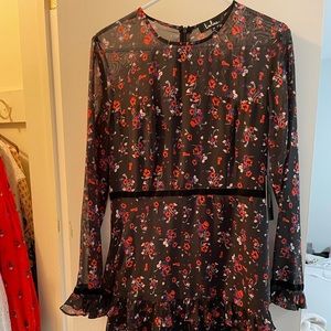 Lulus floral knee length ruffle black dress